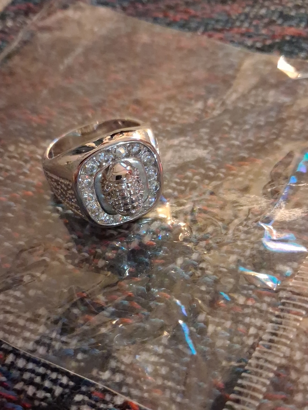 Men's Silver Pavé Signet Ring with Crystal Accents Sz 9.25
